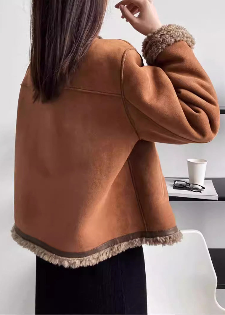 Coffee O Neck Pockets Fleece Wool Lined Faux Suede Coat Winter