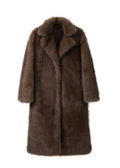 Brown Peter Pan Collar Pockets Faux Fur Coats Winter