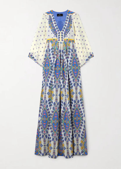 Blue V Neck Print Cotton Maxi Dresses Summer