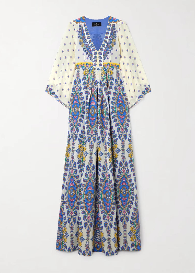 Blue V Neck Print Cotton Maxi Dresses Summer
