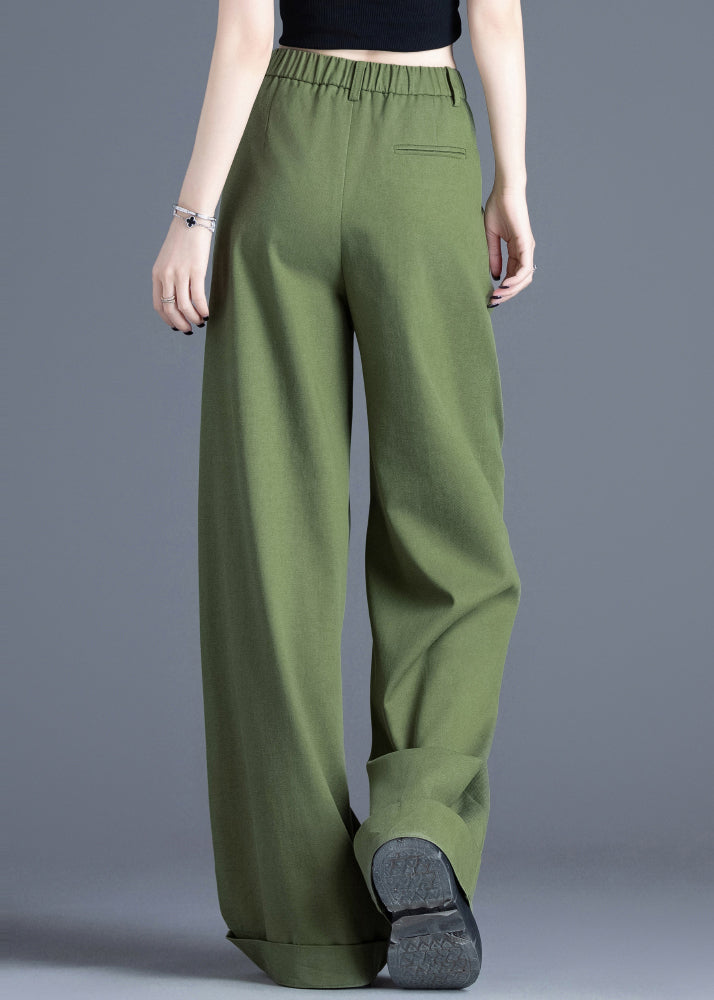 Tea Green Elastic Waist Cotton Wide Leg Pants Spring