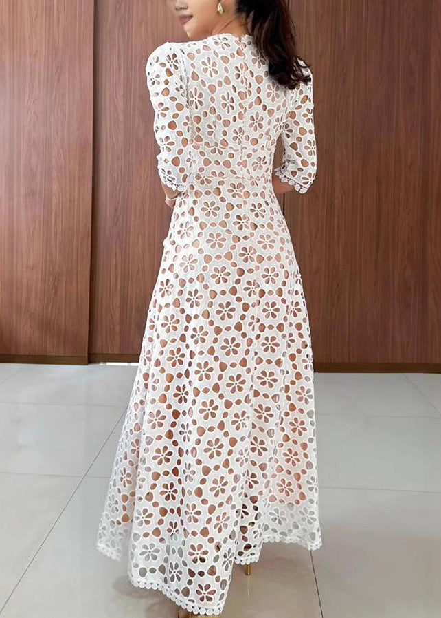 New White V Neck Hollow Out Lace Long Dresses Summer