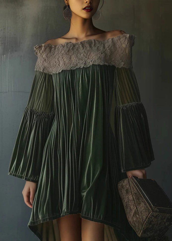 Stylish Green Slash Neck Lace Wrinkled Patchwork Velvet Dress Fall