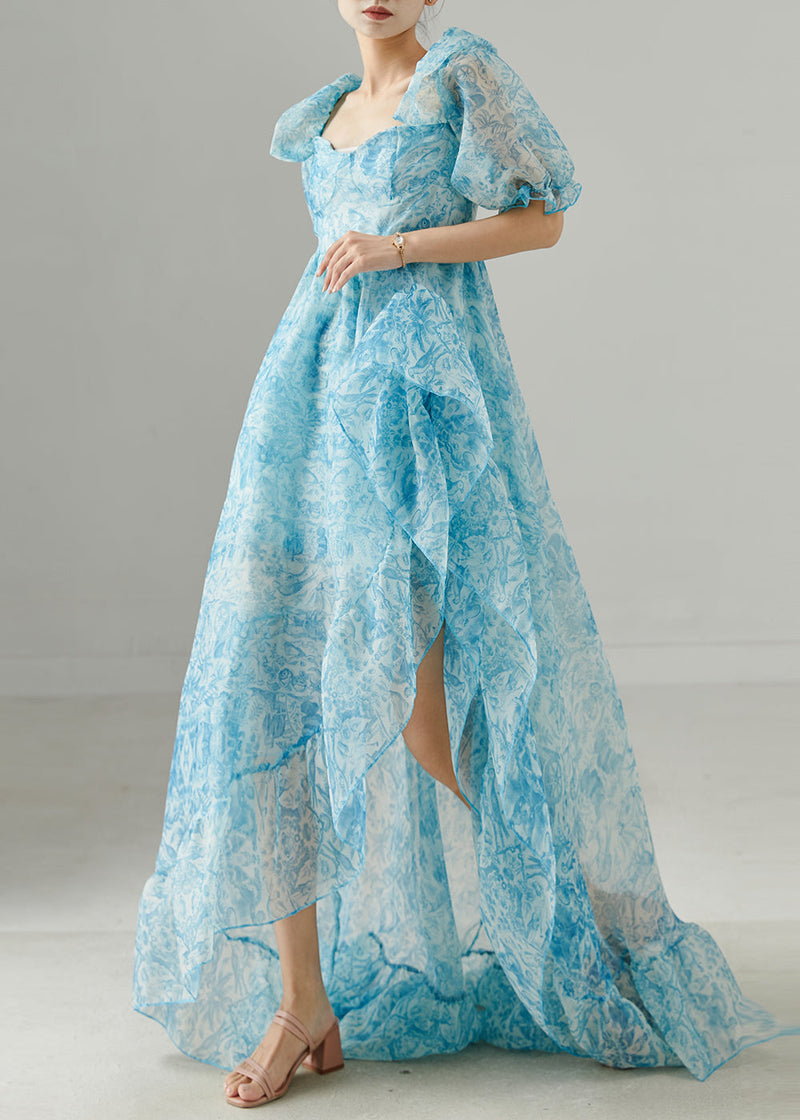 Blue Print Chiffon Full Dress Exra Large Hem Summer
