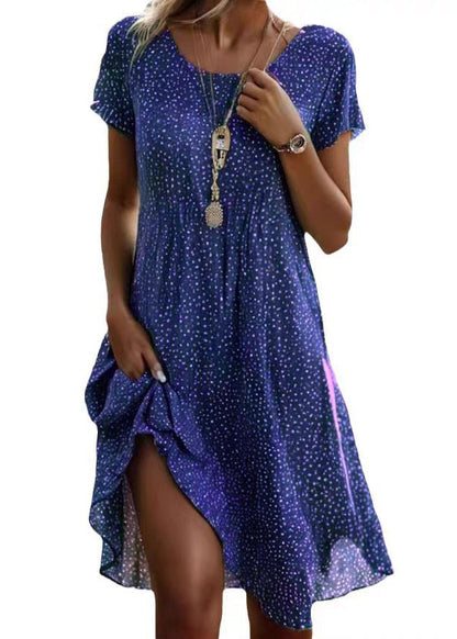 Green O Neck Print Cotton Dress Short Sleeve