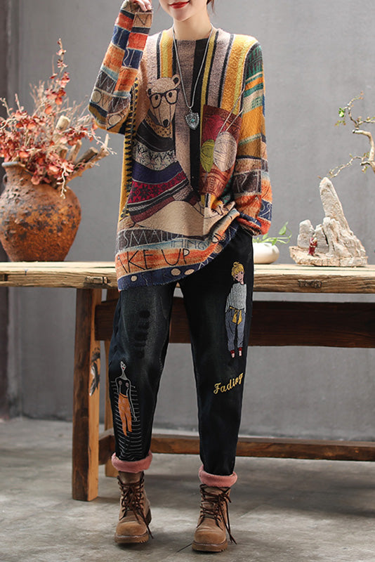 Cartoon Print Long Sleeve Sweater Crew Neck Top