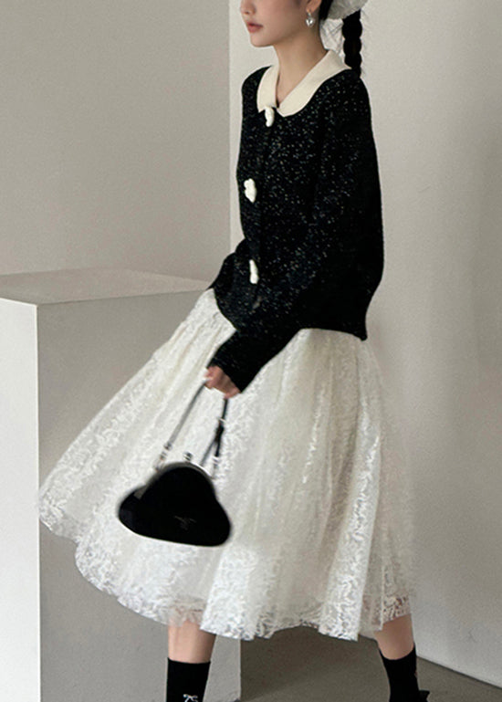French Black Peter Pan Collar Button Knit Cardigan Fall