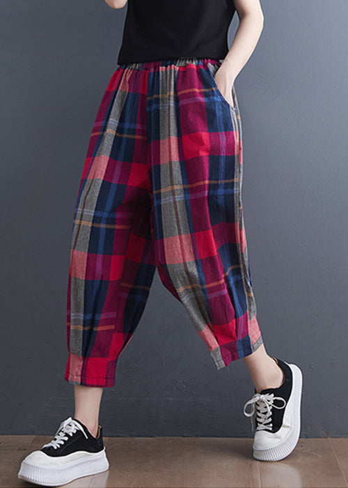 Red Plaid Elastic Waist Cotton Crop Pants Summer