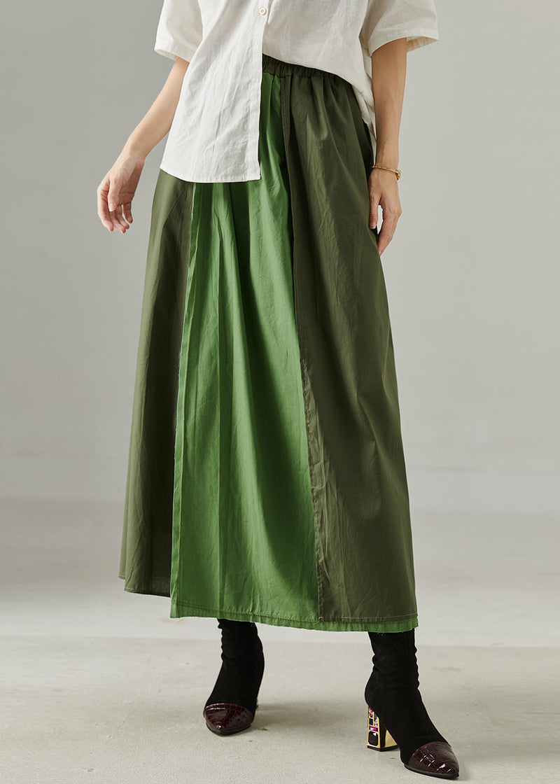 Green Patchwork Cotton a Line Skirt Elastic Waist Fall