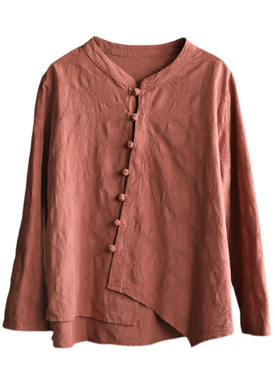 Brick Red Asymmetrical Design Patchwork Button Fall Blouses