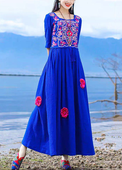 Blue Embroidered Tie Waist Cotton Long Dress Half Sleeve