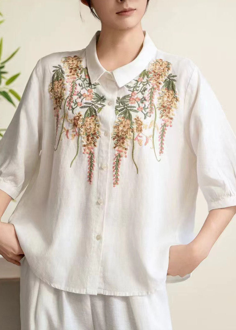 Yellow Peter Pan Collar Embroidered Linen Shirt Tops Summer