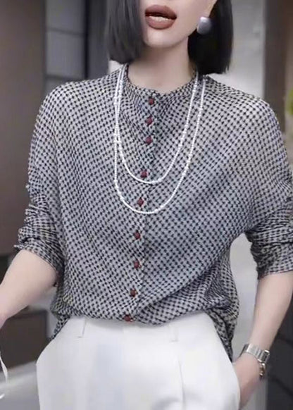 Grey Button Dot Print Cotton Top Fall