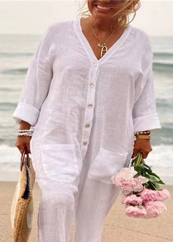 Blue V Neck Button Pockets Cotton Jumpsuits Summer