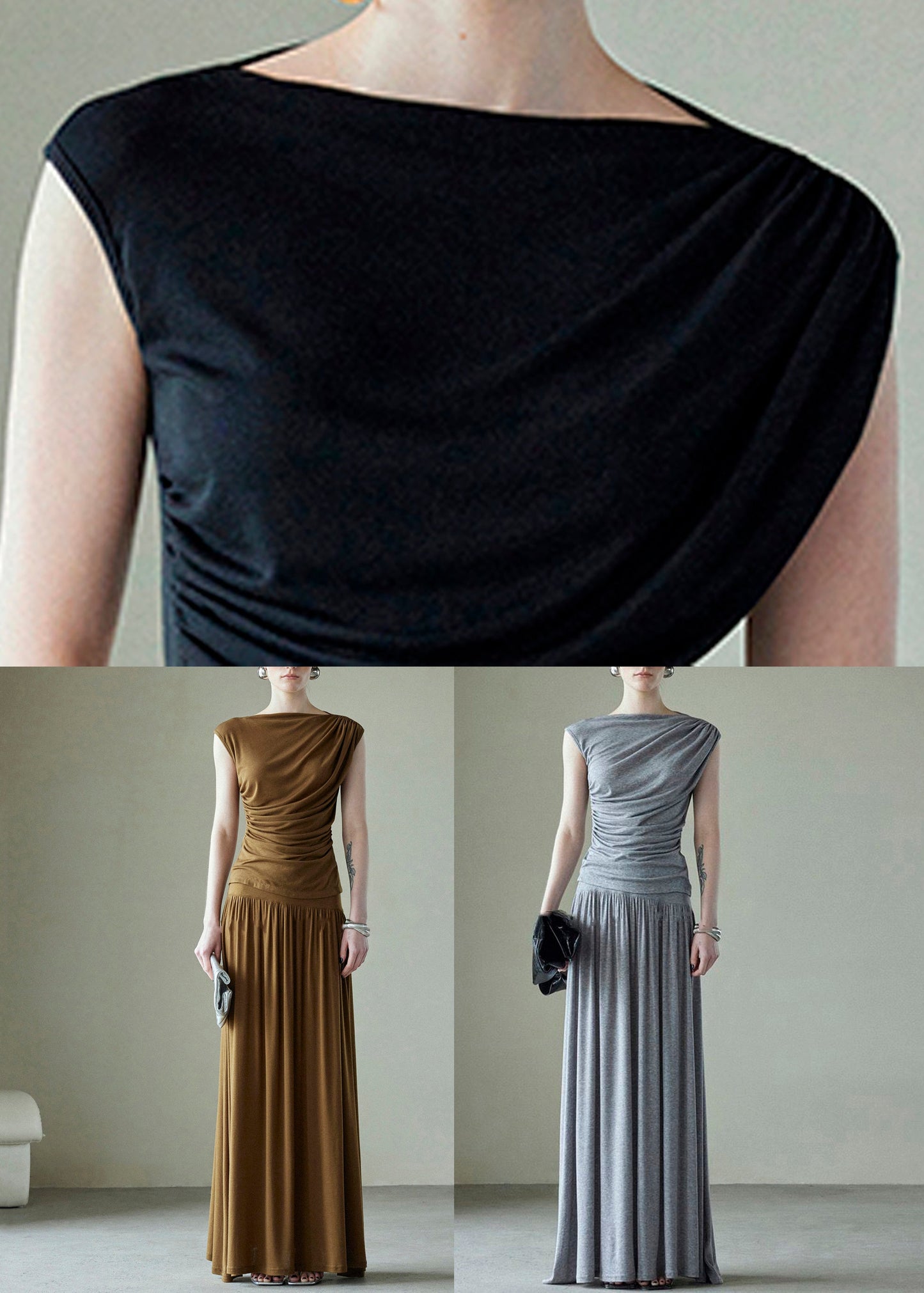 Grey Pockets Tops and Skirts Cotton Two Pieces Set Wrinkled Summer
