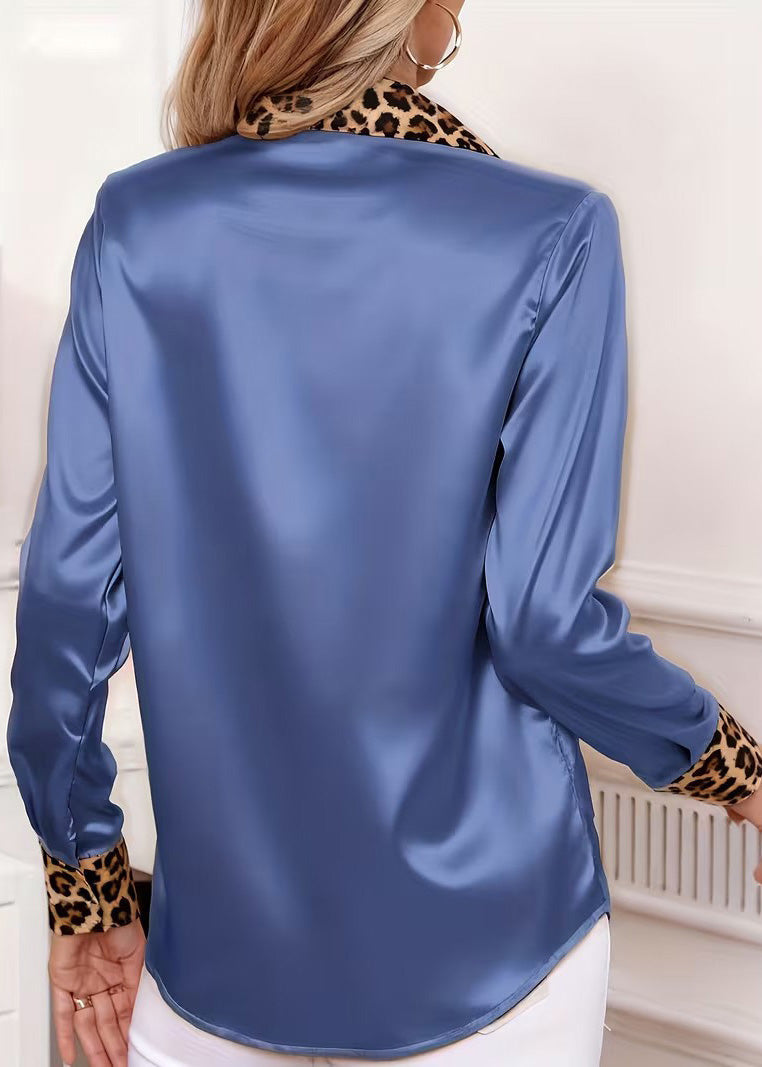 Unique Grey Peter Pan Collar Leopard Patchwork Silk Shirt Tops Spring