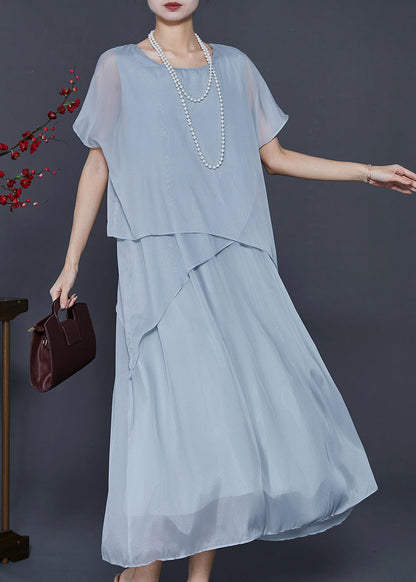 Light Grey Oversized Patchwork Silk Ankle Dress Summer