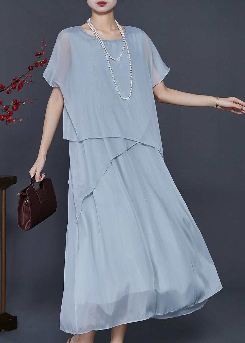 Light Grey Oversized Patchwork Silk Ankle Dress Summer