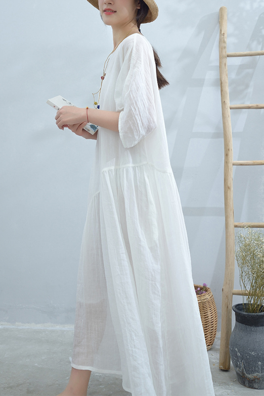 Summer Simple Puff Sleeve Dress Ramie Pleated Dress