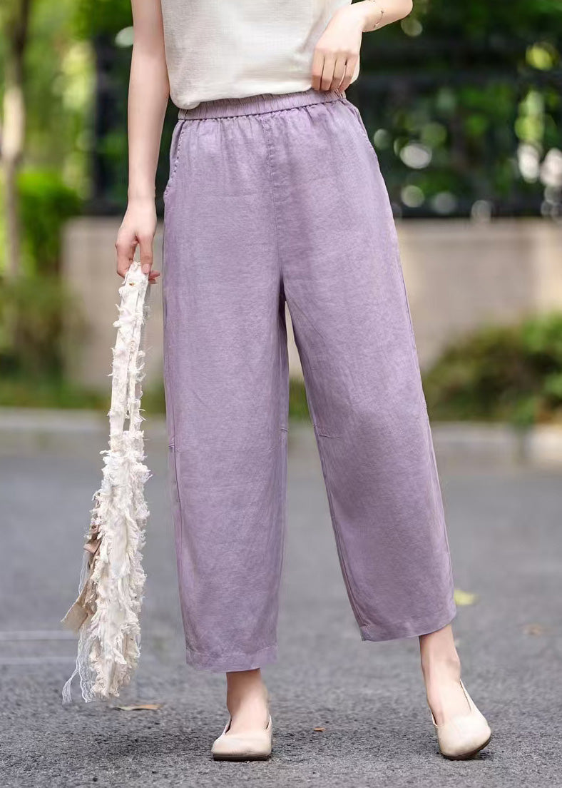 Purple Pockets Elastic Waist Linen Crop Pants Summer