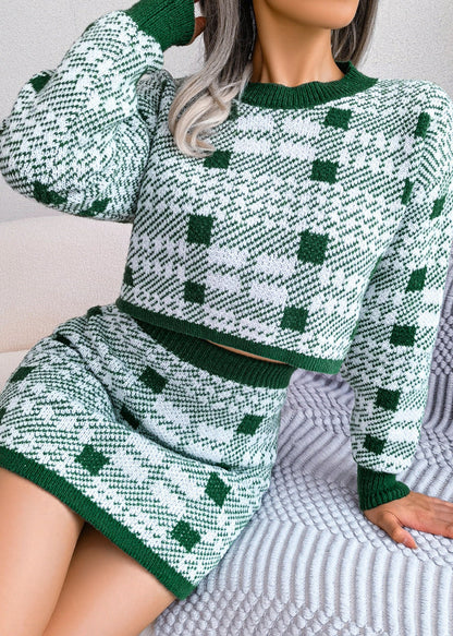 Black O Neck Sweaters and Skirts Knit Two Pieces Set Winter