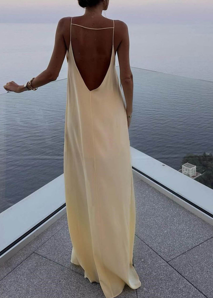 Apricot Backless Silk Spaghetti Strap Dress Summer