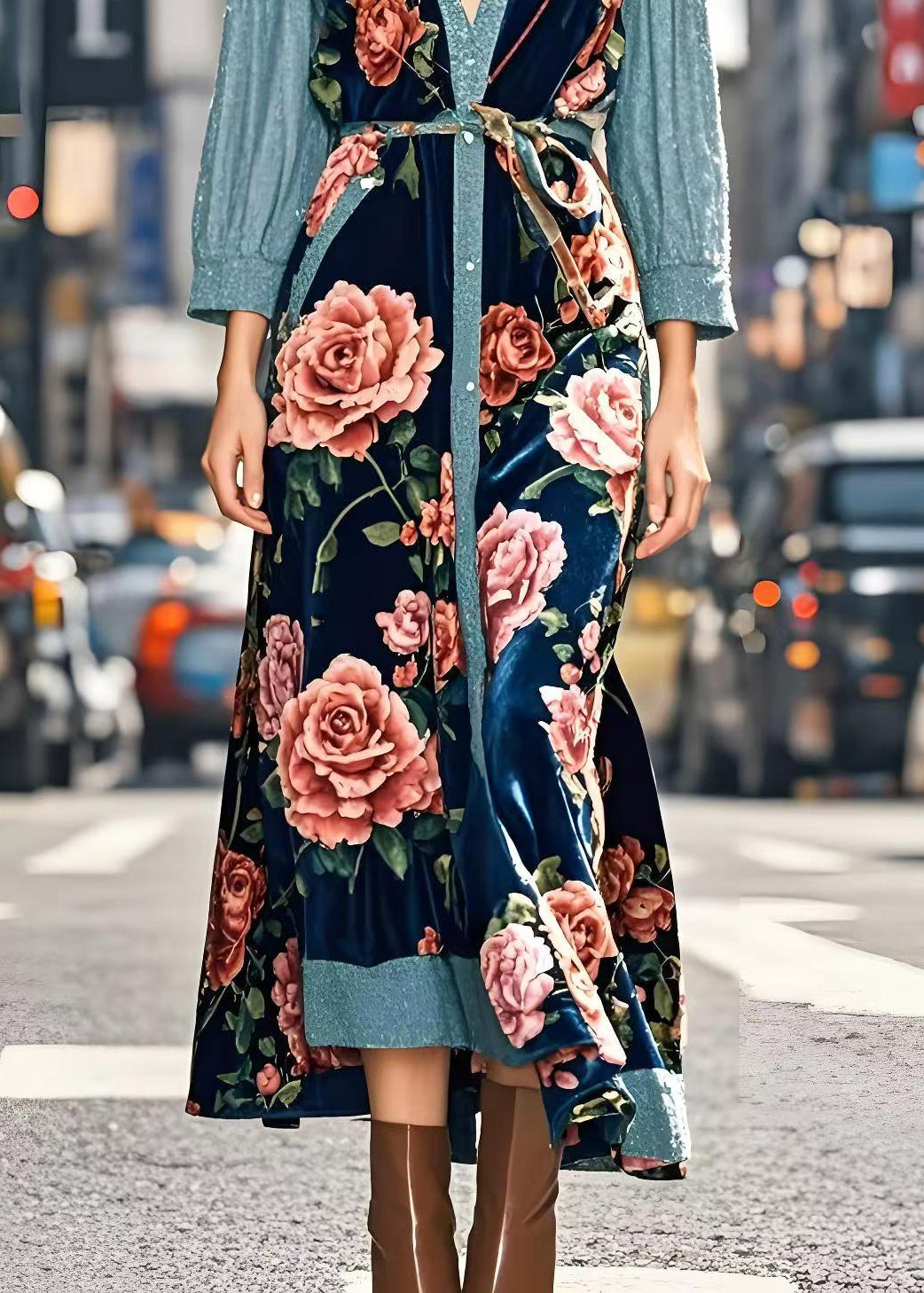 Art Peacock Blue Patchwork Silk Velvet Long Dresses Spring