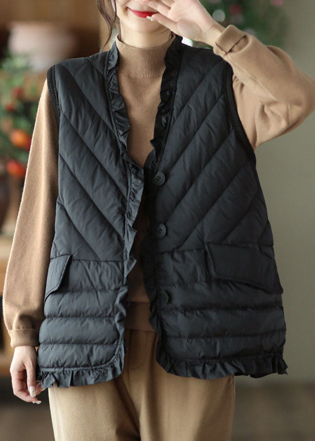 Black Ruffled Thick Duck Down Vest Tops Winter