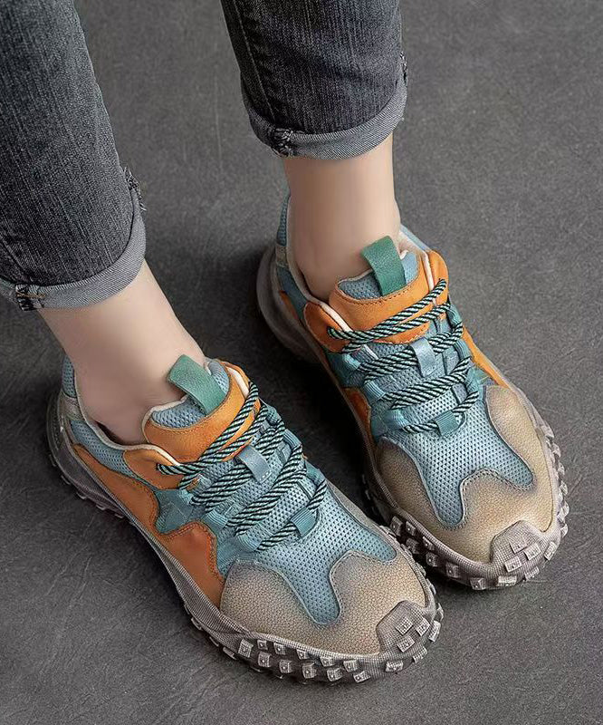 Blue Flat Shoes Platform Cowhide Leather Splicing Lace Up