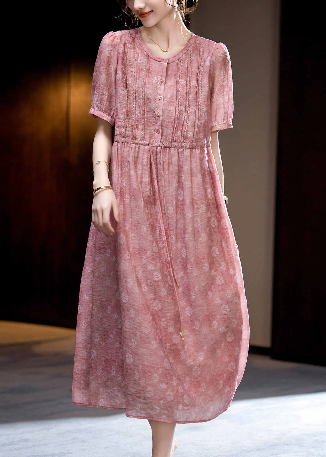 Loose Dark Pink O-neck Print Wrinkled Silk Long Dress Short Sleeve