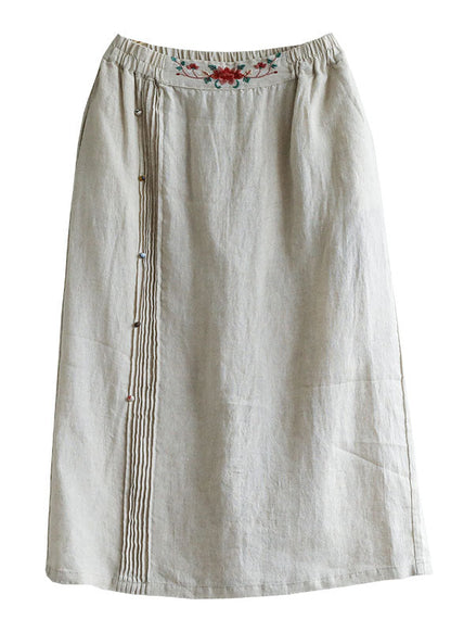Beige Embroidered Pockets Patchwork Cotton Skirts Summer