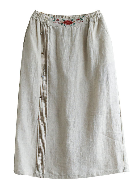 Beige Embroidered Pockets Patchwork Cotton Skirts Summer