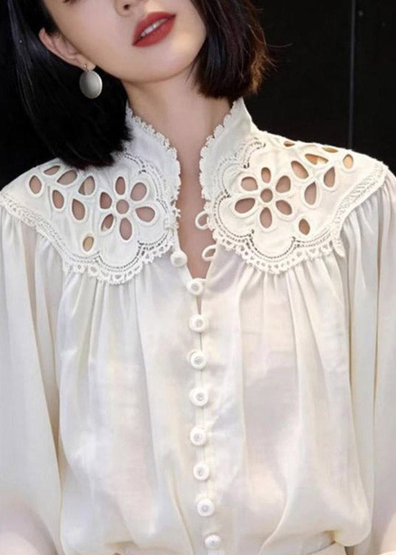 White Embroidered Hollow Out Lantern Shirt Spring