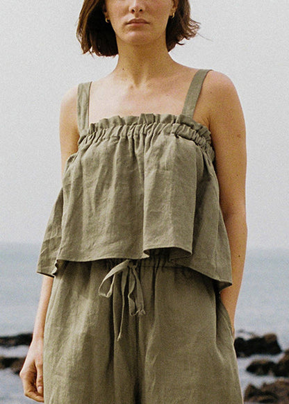 Unique Green Ruffled Linen Strap Top Sleeveless
