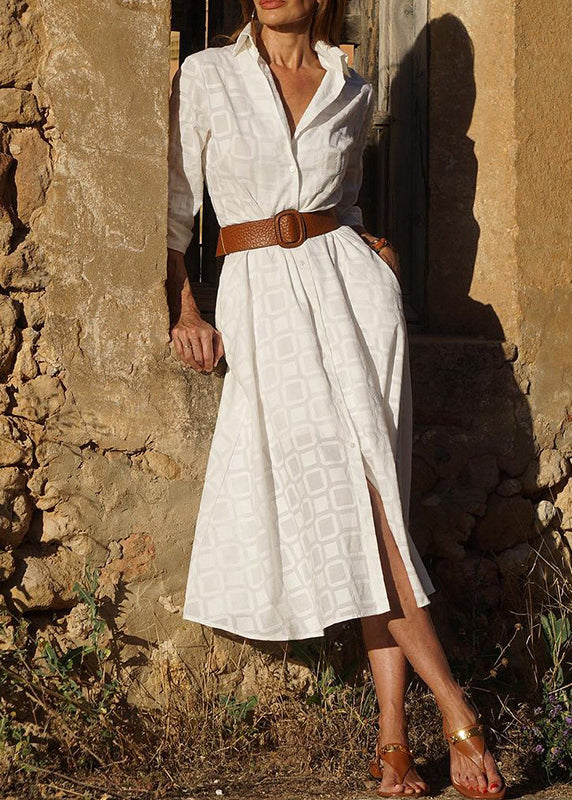 White Peter Pan Collar Print Button Cotton Dresses Fall