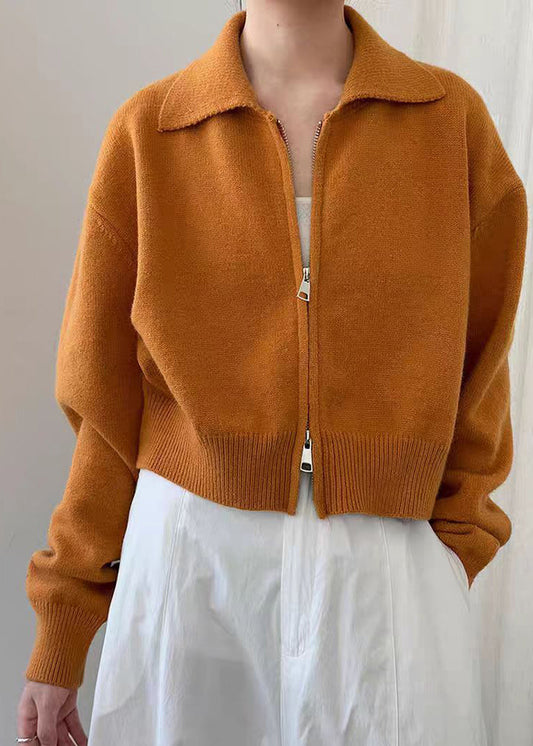 Natural Yellow Zippered Patchwork Cotton Knit Coats Spring
