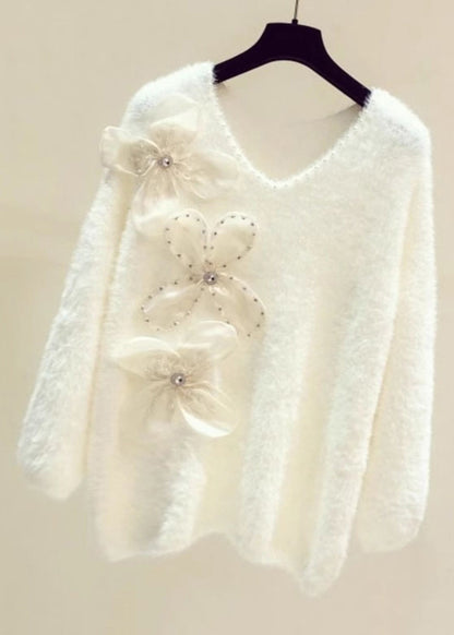 Pink V Neck Cozy Mink Hair Knitted Sweater Winter