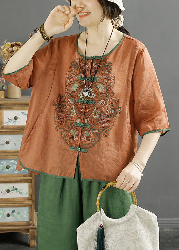 Green O-neck Embroideried Linen Shirt Top Summer