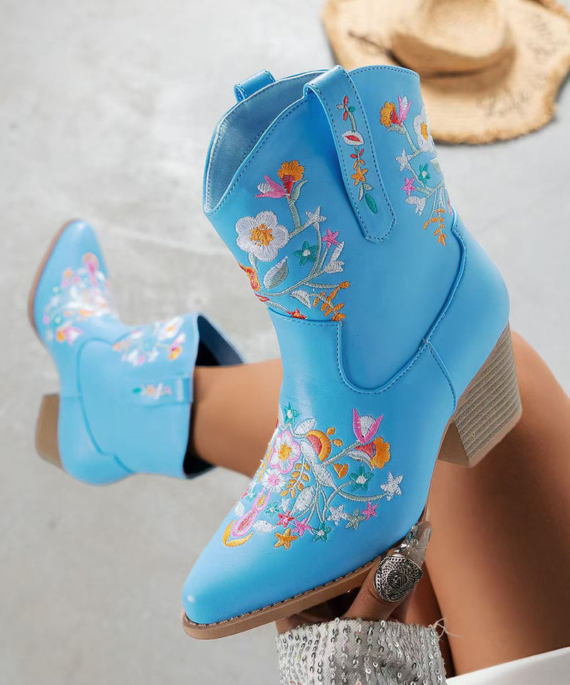 Stylish Blue Chunky Faux Leather Ankle Boots Embossed
