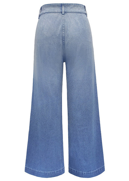 Simple Blue Pockets High Waist Denim Wide Leg Pants Summer