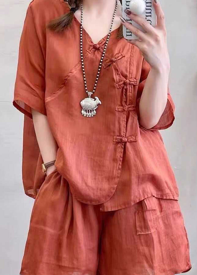 Retro Light Brown Chinese Button Tops and Shorts Cotton Two Pieces Set Summer