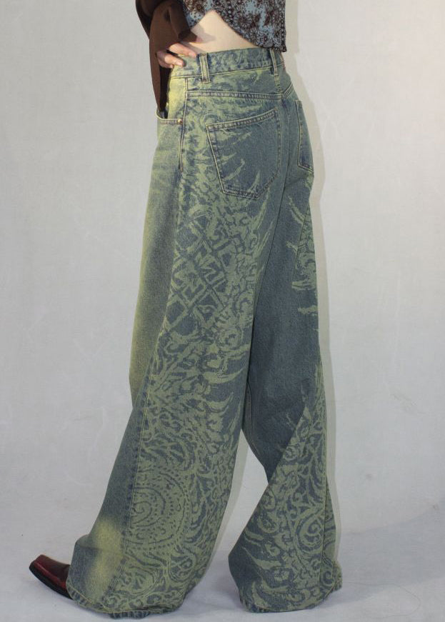 Blue Print Pockets High Waist Denim Pants Fall