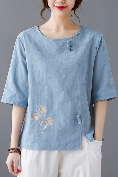 -summer Embroidered Cotton T-shirt Loose Mid Sleeve Tops