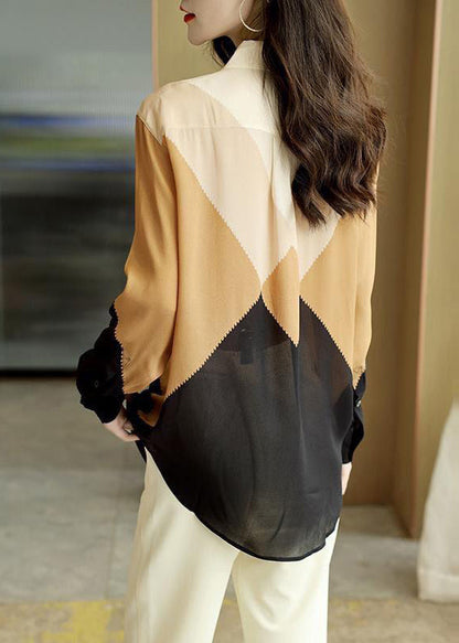 Colorblock Peter Pan Collar Button Chiffon Blouses Spring