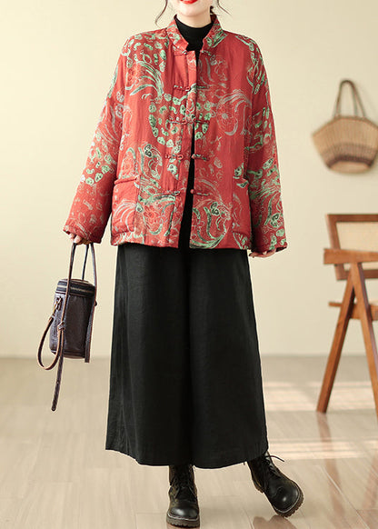 Red Print Chinese Button Fine Cotton Filled Parka Winter