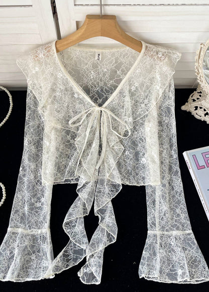 Pink Ruffled Lace Up Lace Tops Flare Sleeve