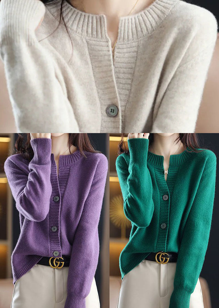 Slim Fit Purple O-neck Button Thick Woolen Knit Coats Winter