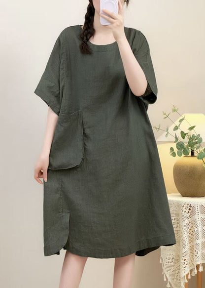 Pink Pockets Side Open Linen Dress Half Sleeve