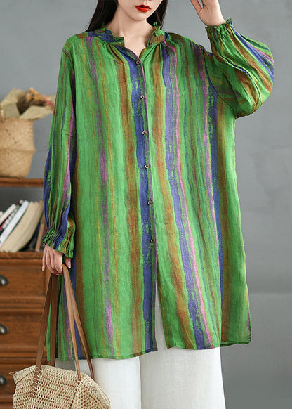 Green Ruffled Stand Collar Striped Cotton Shirt Top Fall