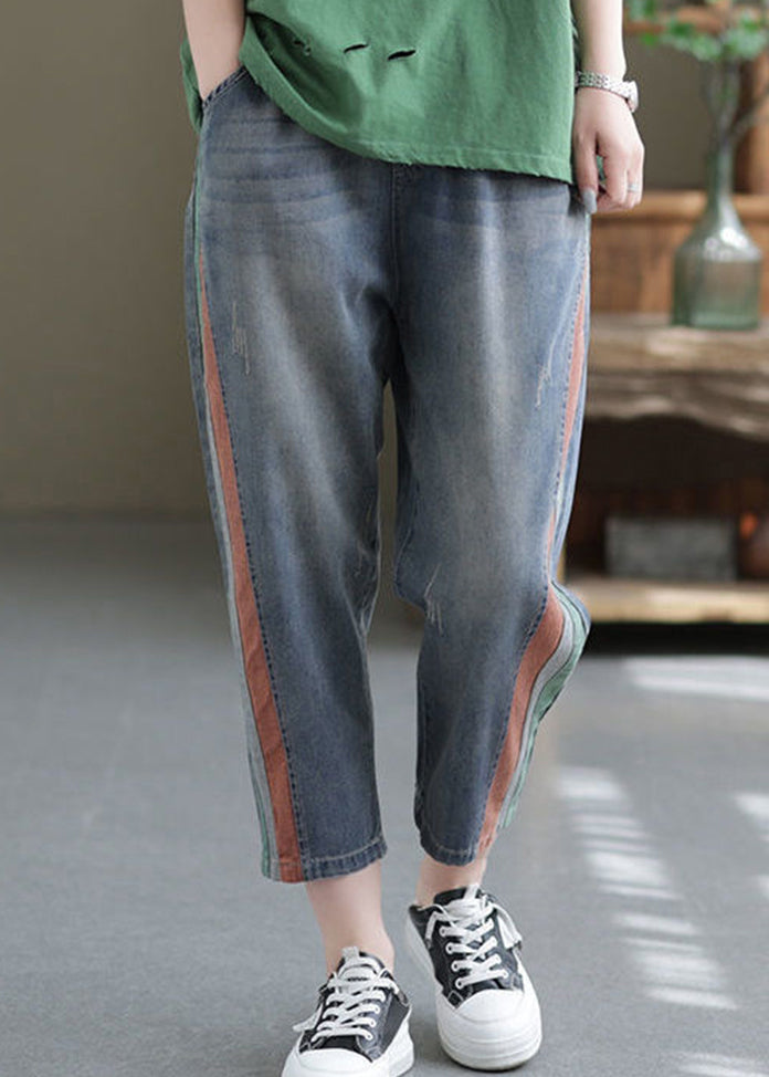 Blue Pockets Elastic Waist Denim Crop Pants Summer